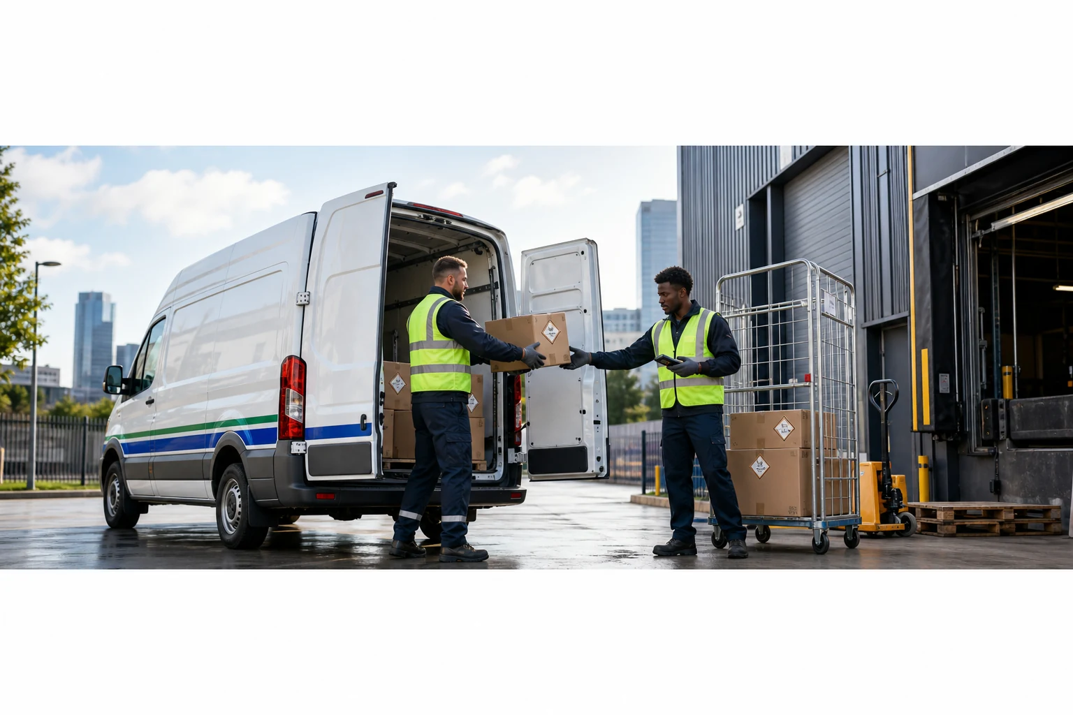 Courier staff loading hazardous goods parcels into a clean delivery van.