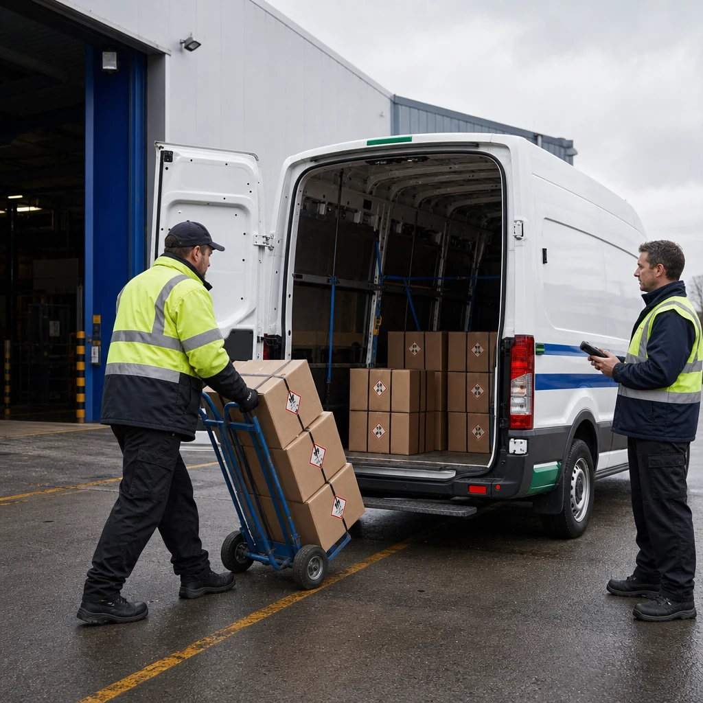 Courier staff using a trolley to load controlled hazardous goods parcels safely.