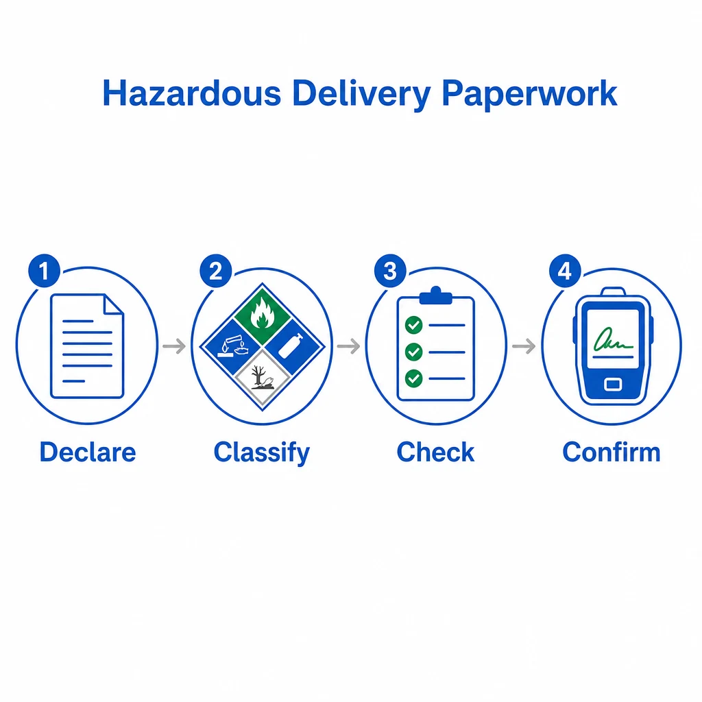Graphic showing the paperwork flow for hazardous goods delivery.
