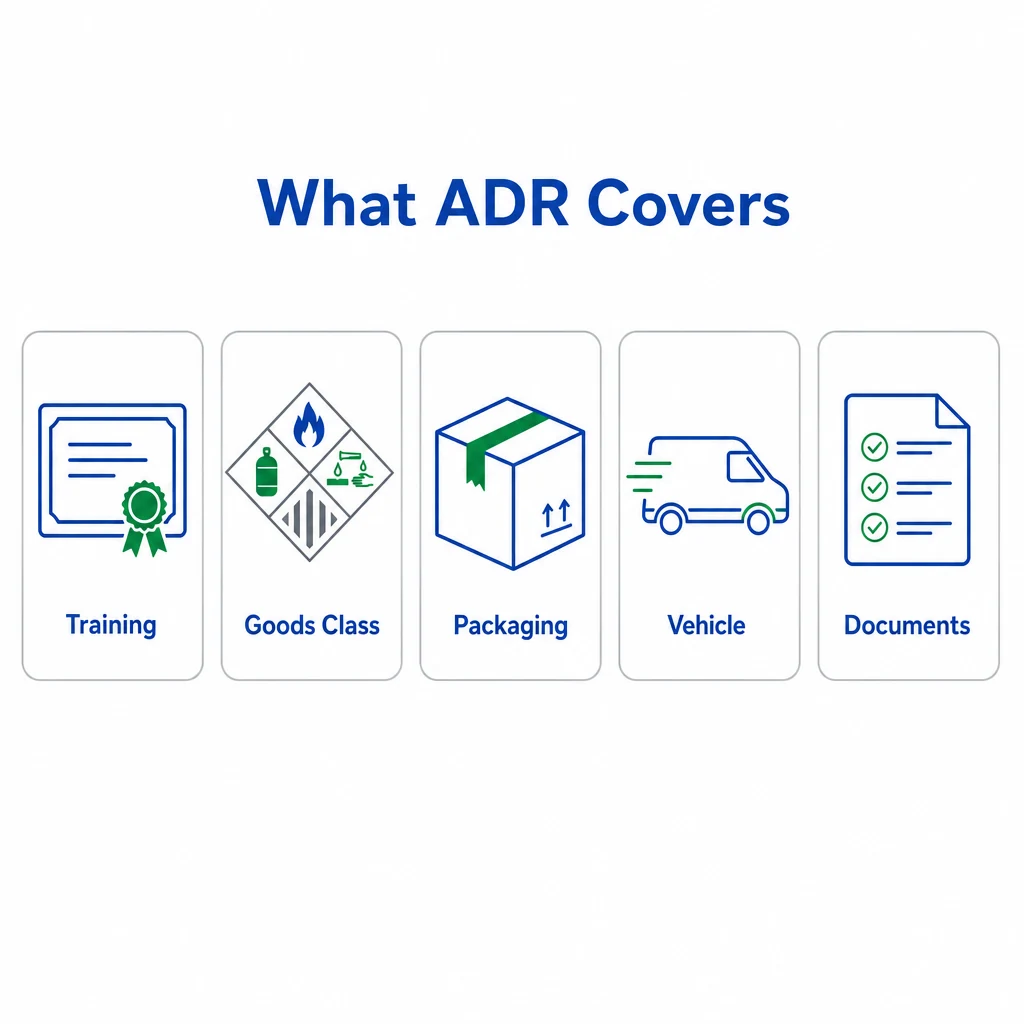 Graphic showing what ADR certification covers, including training, goods class, packaging, vehicle and documents.
