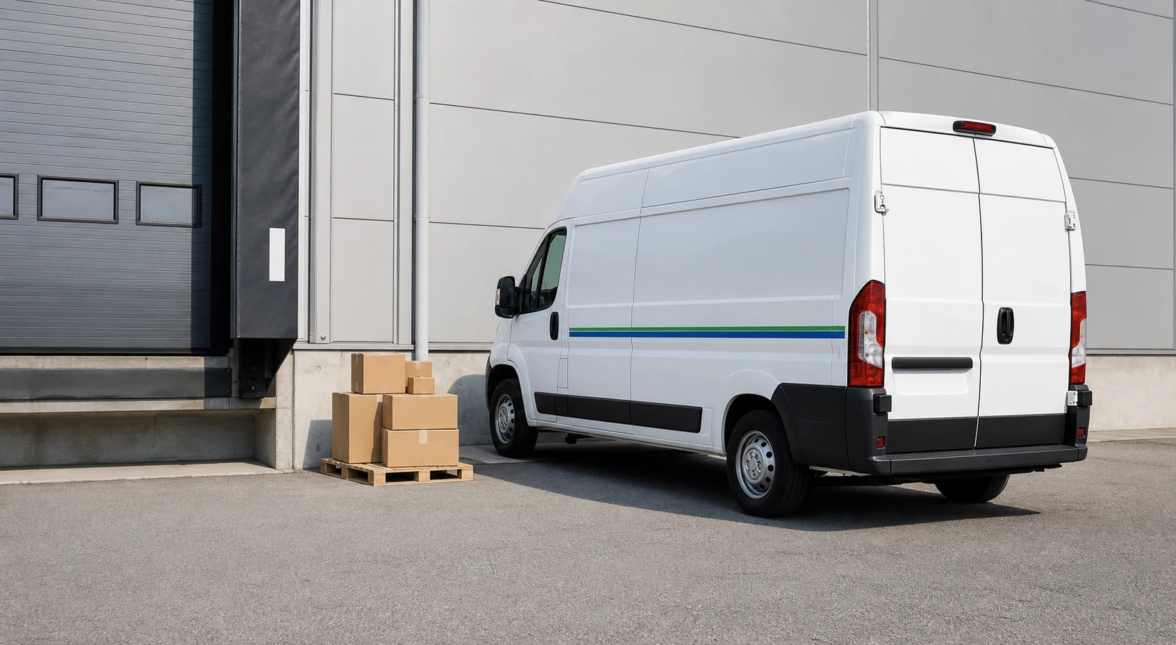 Clean courier van at a tidy loading bay with parcels ready for delivery.