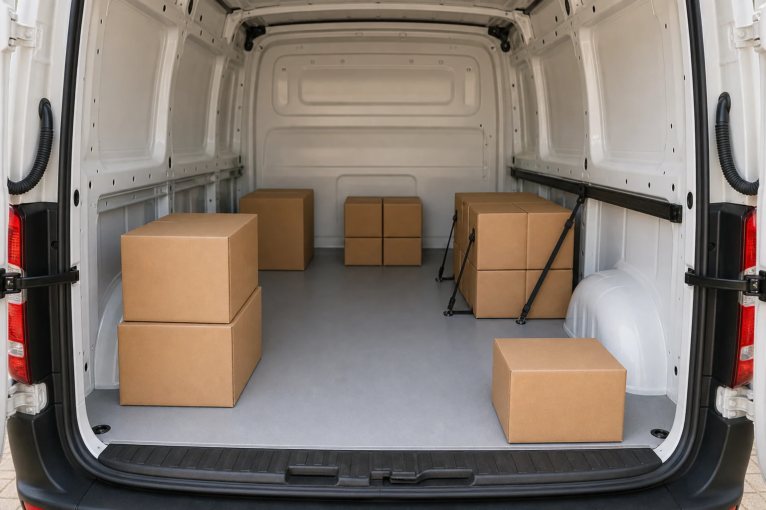 Neatly separated parcels secured inside a clean courier van.