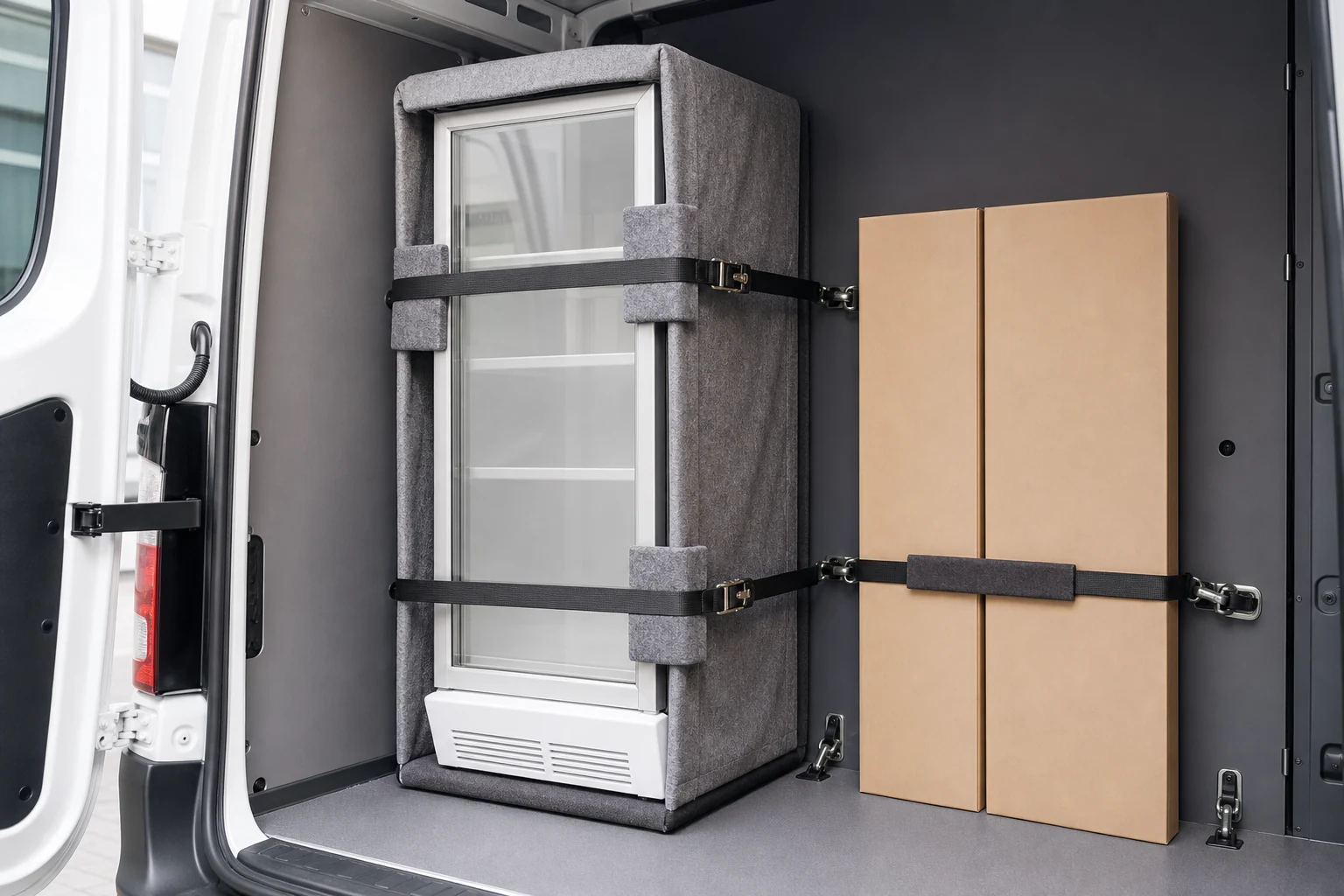 Protected POS display materials secured upright inside a delivery van.