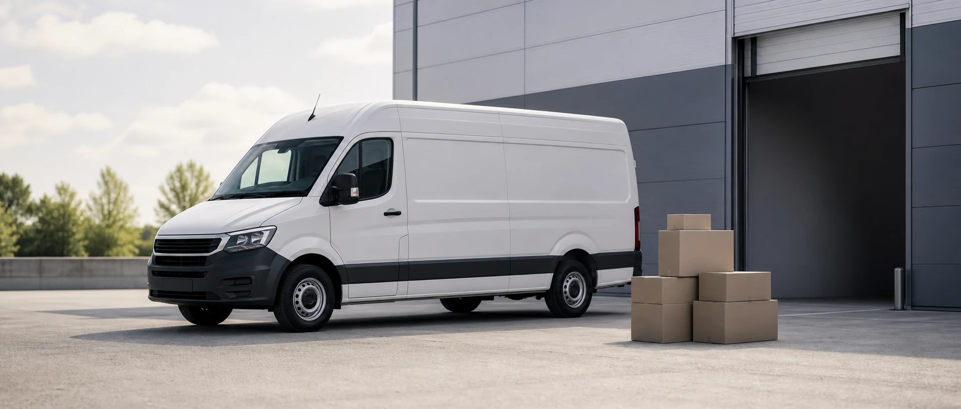 Clean courier van beside neatly stacked retail display boxes at a loading bay