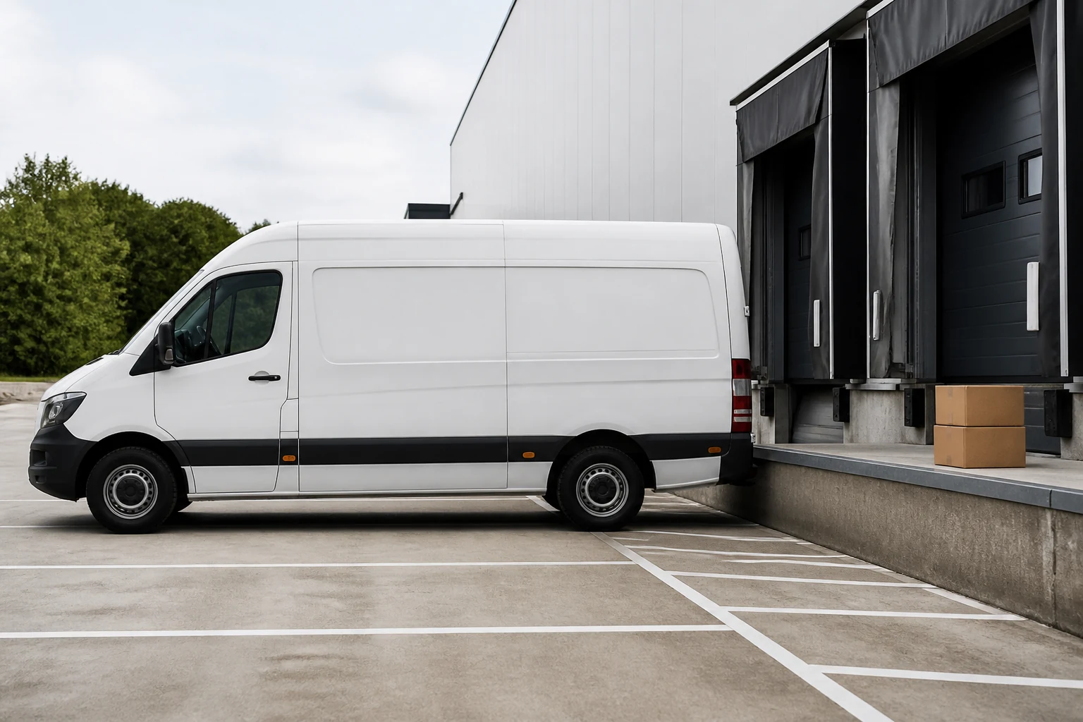Courier van positioned at a clean loading bay for a scheduled movement