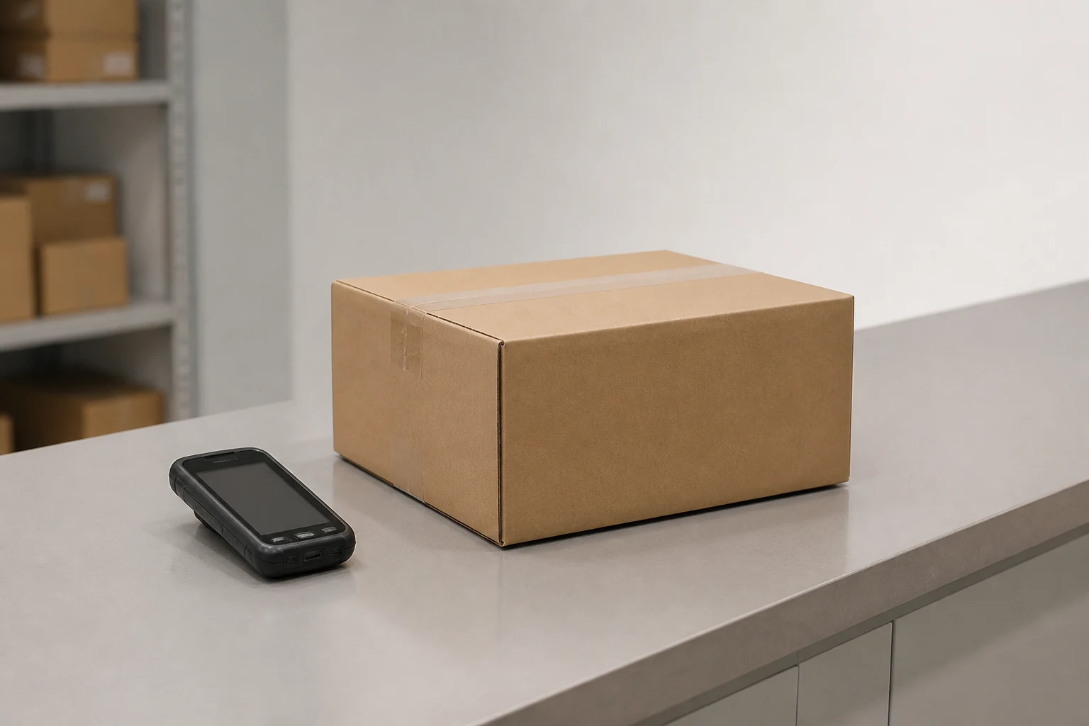 Parcel beside a proof of delivery device on a clean counter