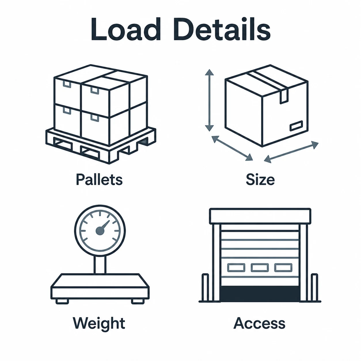 Checklist graphic showing pallets, size, weight and access details