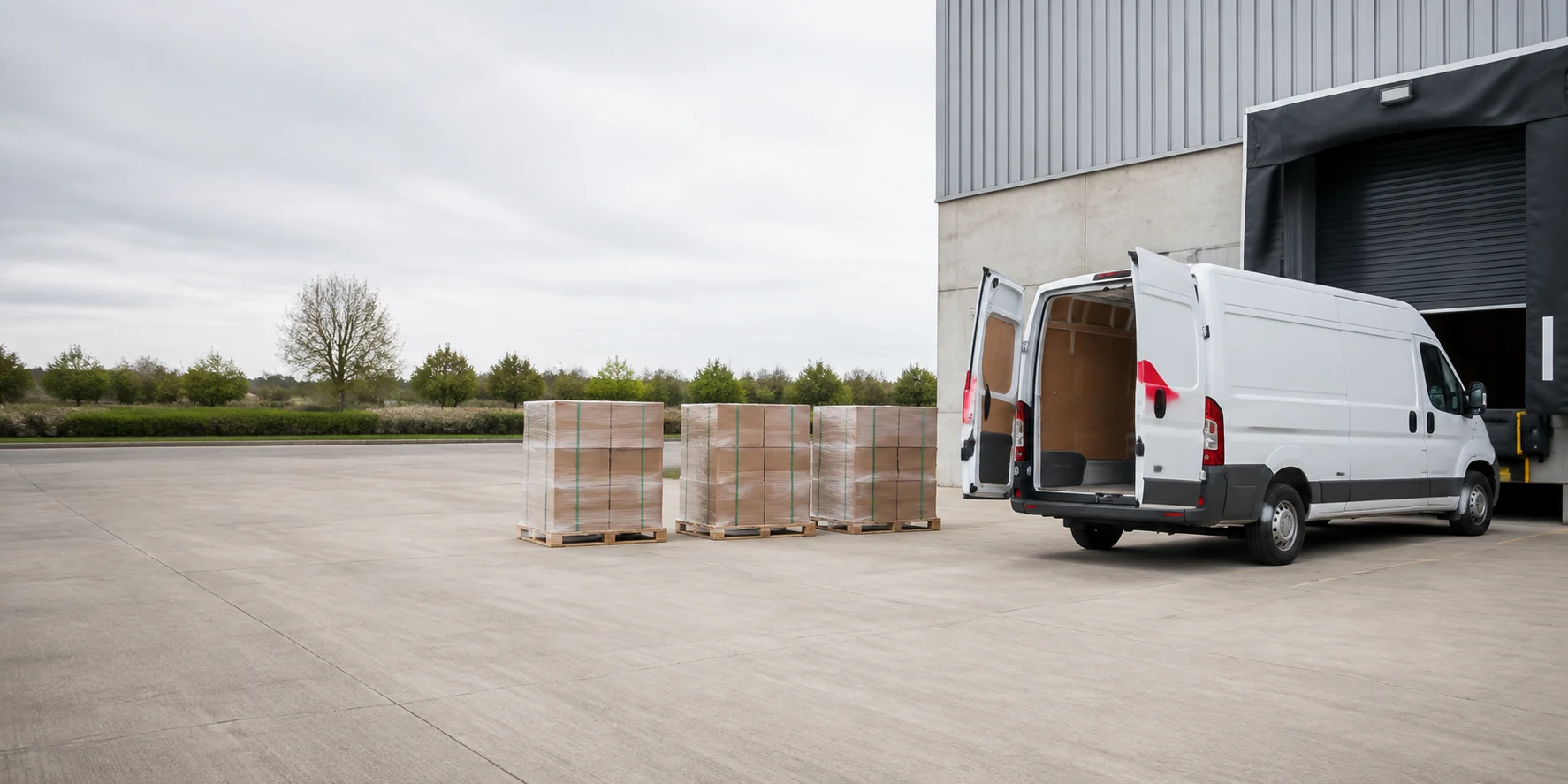 Clean courier van beside neatly staged pallets at a loading bay