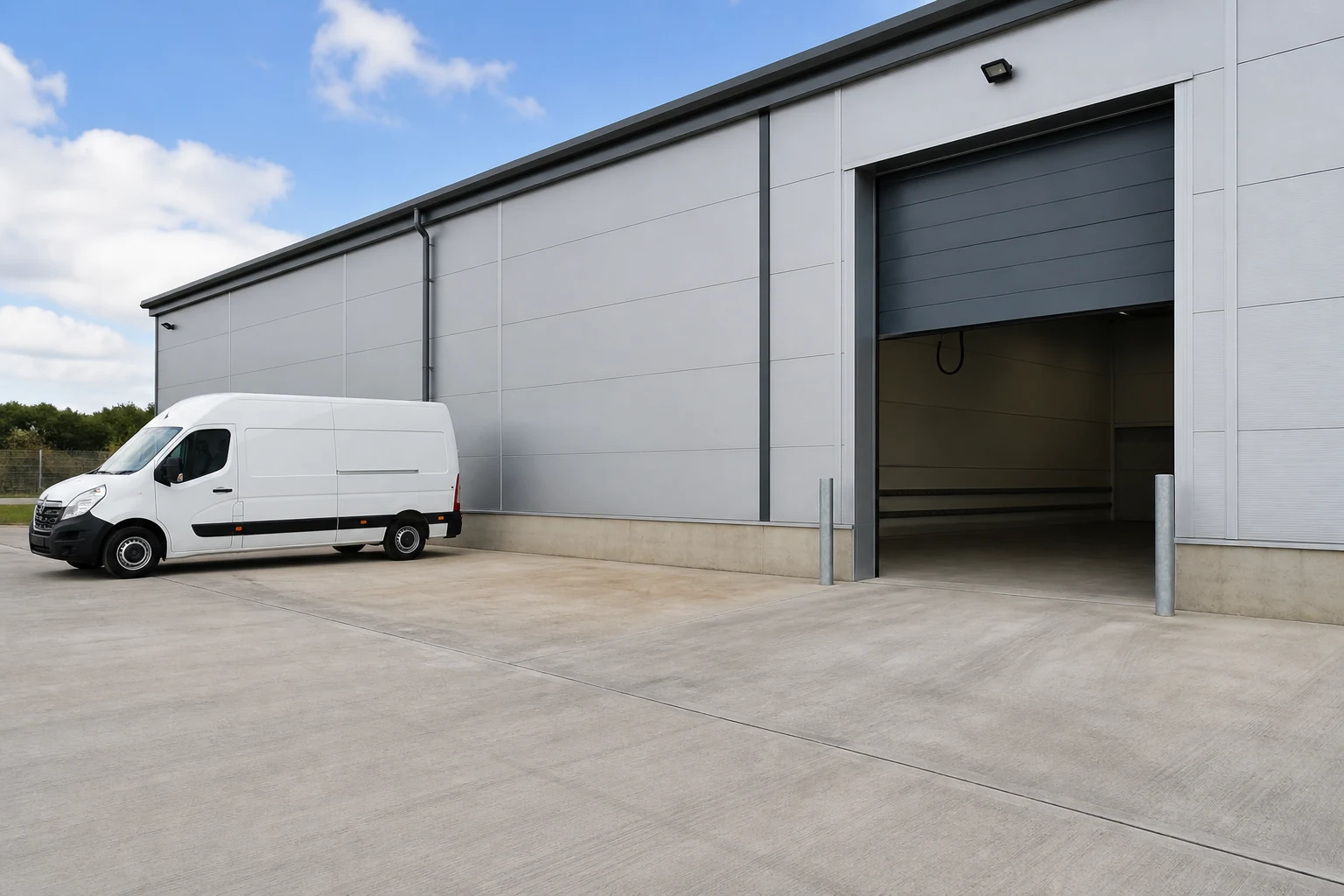 Clear loading bay access route with a courier van waiting nearby
